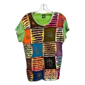 Shop Therapy Top Womens XXL Embroidered Patchwork Peace Sign Boho Hippie Nepal